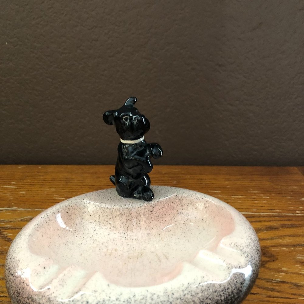 Vintage Black Terrier Dog standing on Pink Dish Trinket tray or a Catchall!